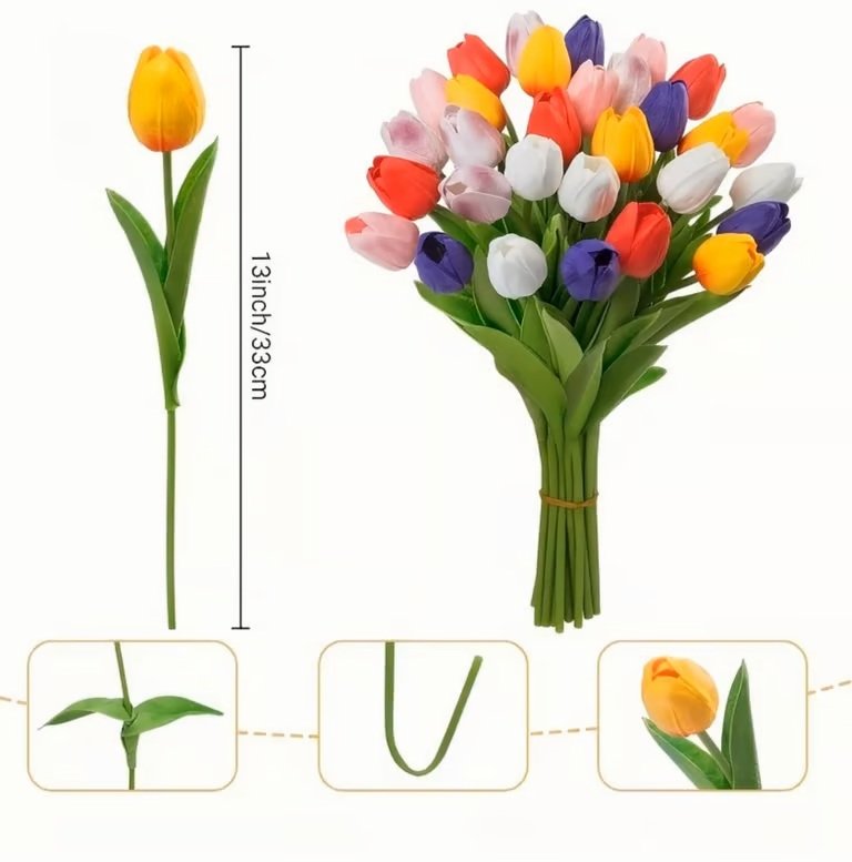 Wholesale 33cm real touch PU tulip bouquet with size details and flexible stem design, ideal for floral arrangements and event decoration