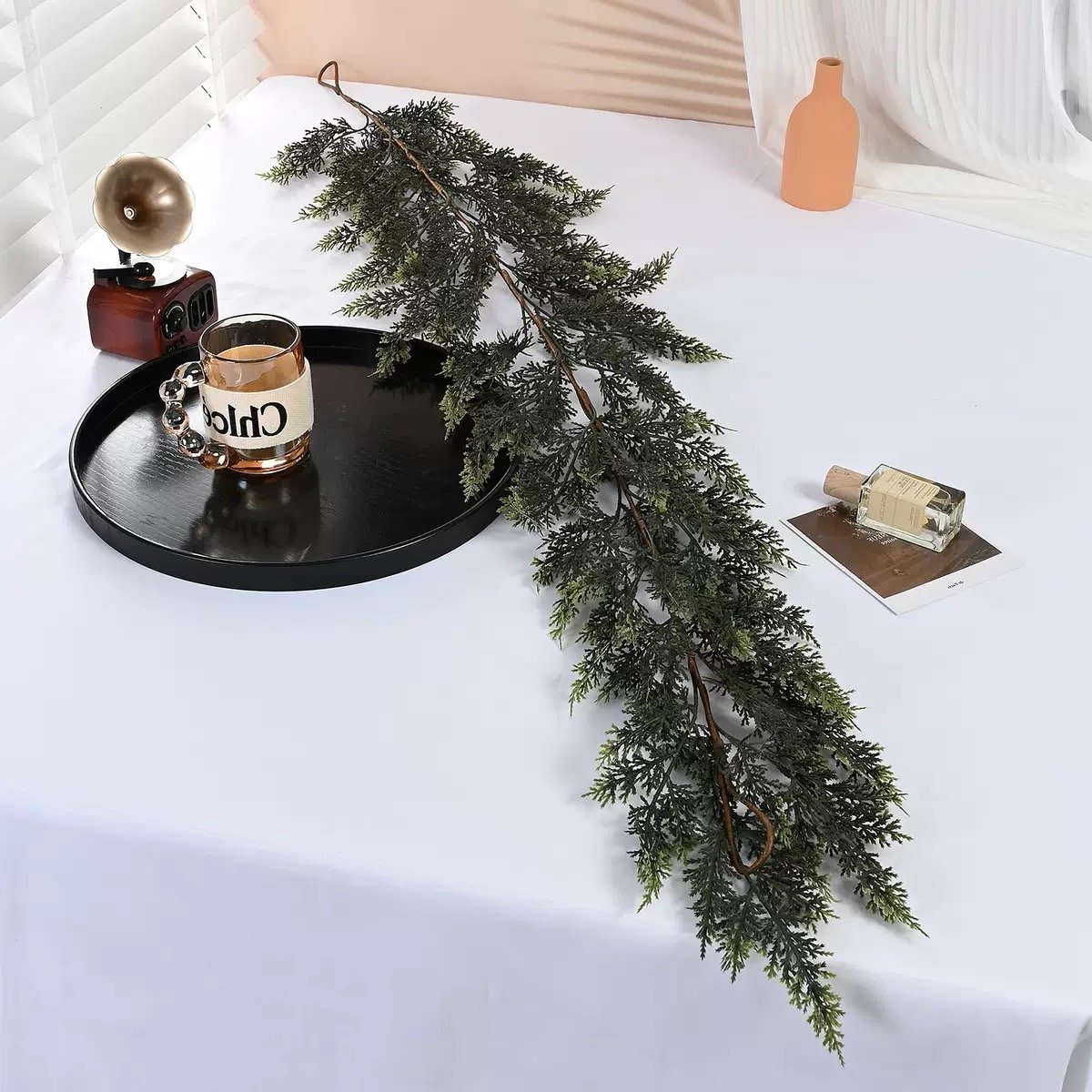 Artificial Cedar Garland Styled on Table for Wedding and Home Decoration