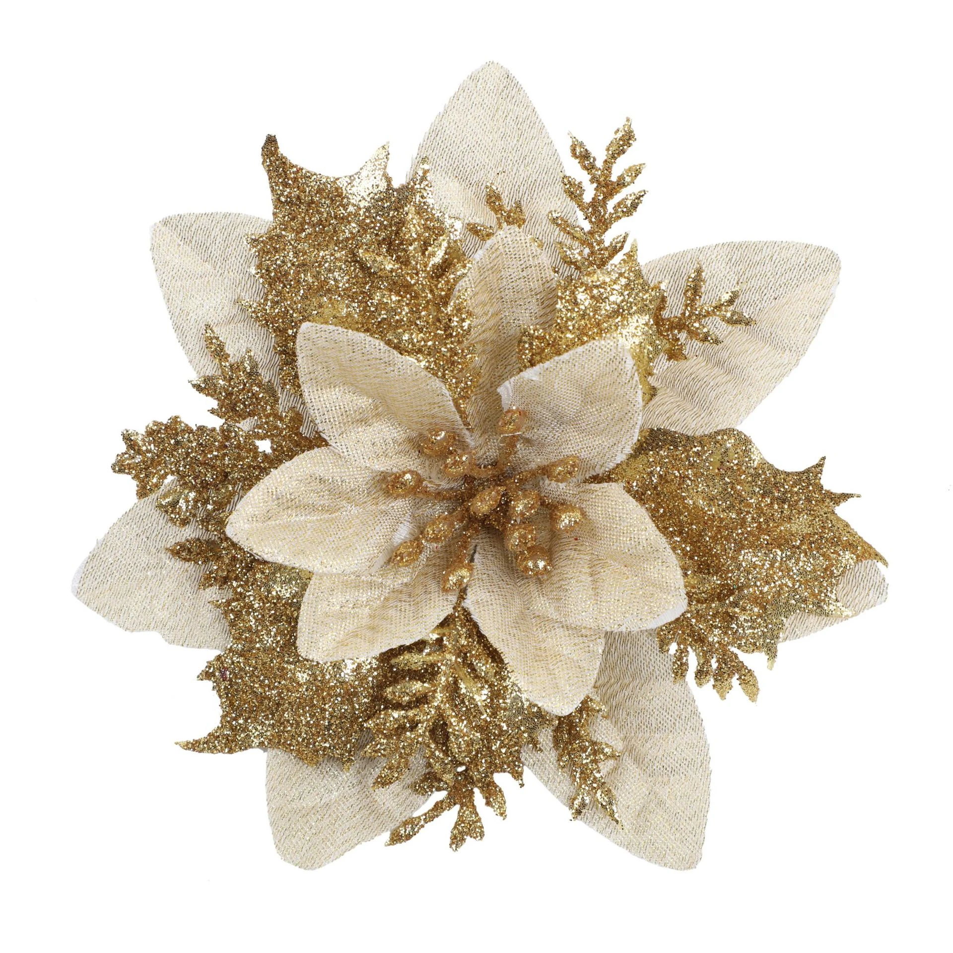 Champagne Gold artificial 14 cm Glitter Poinsettia Flower Head, 14 cm