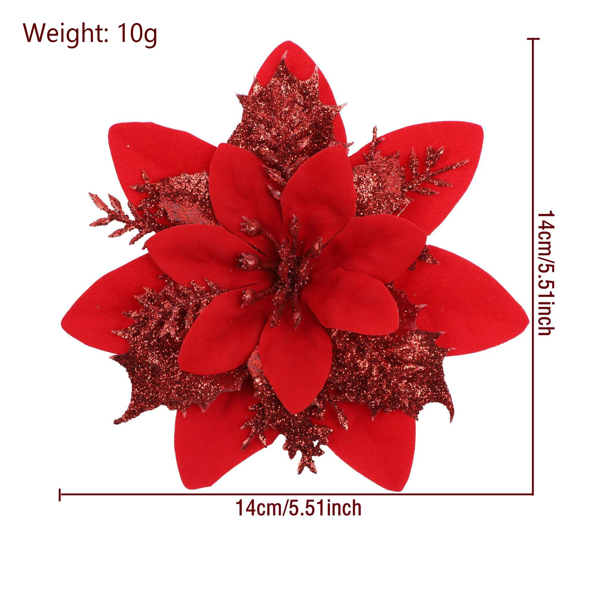 Specification diagram for red artificial 14 cm Glitter Poinsettia Flower Head