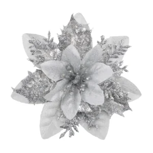 Silver artificial 14 cm Glitter Poinsettia Flower Head, 14 cm