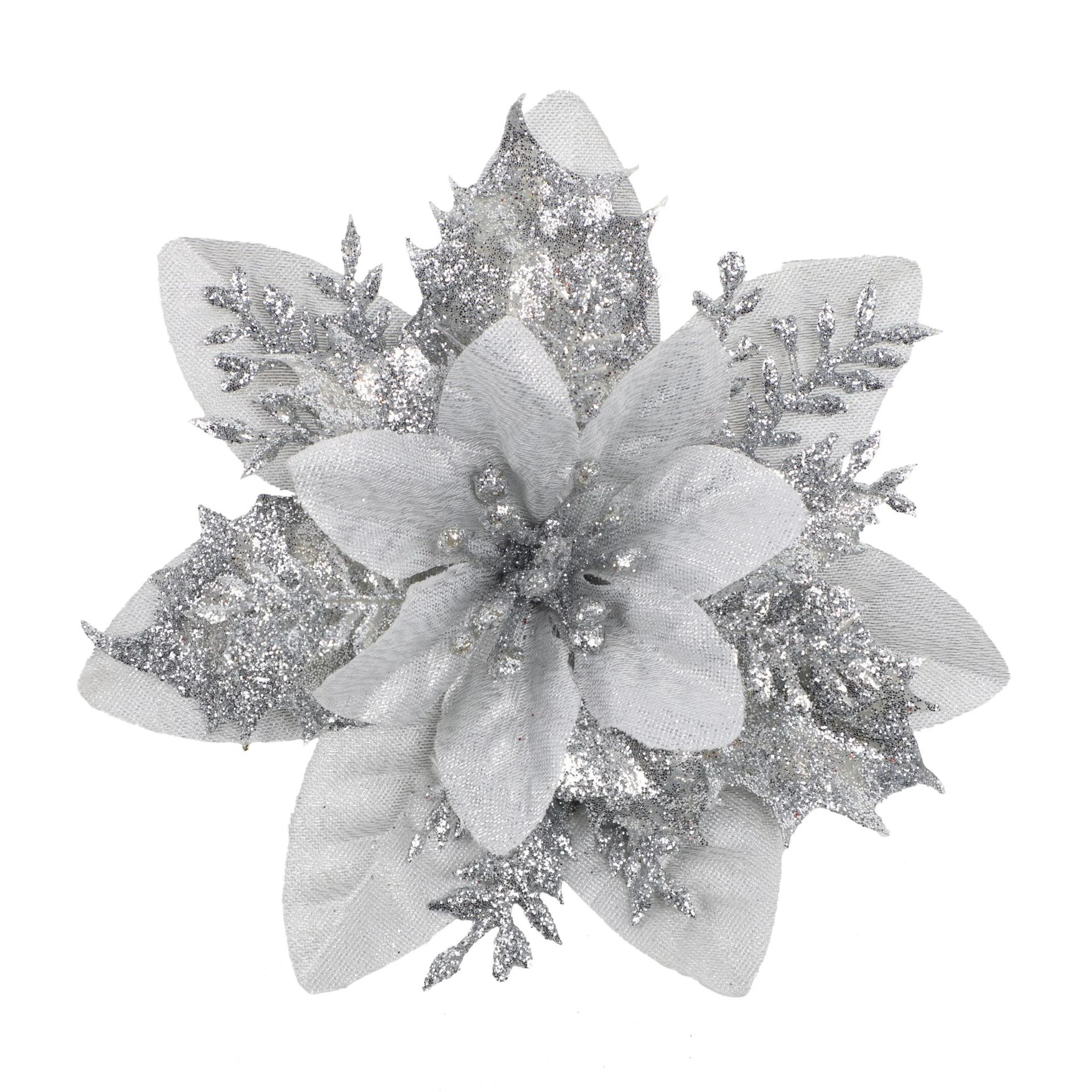 Silver artificial 14 cm Glitter Poinsettia Flower Head, 14 cm