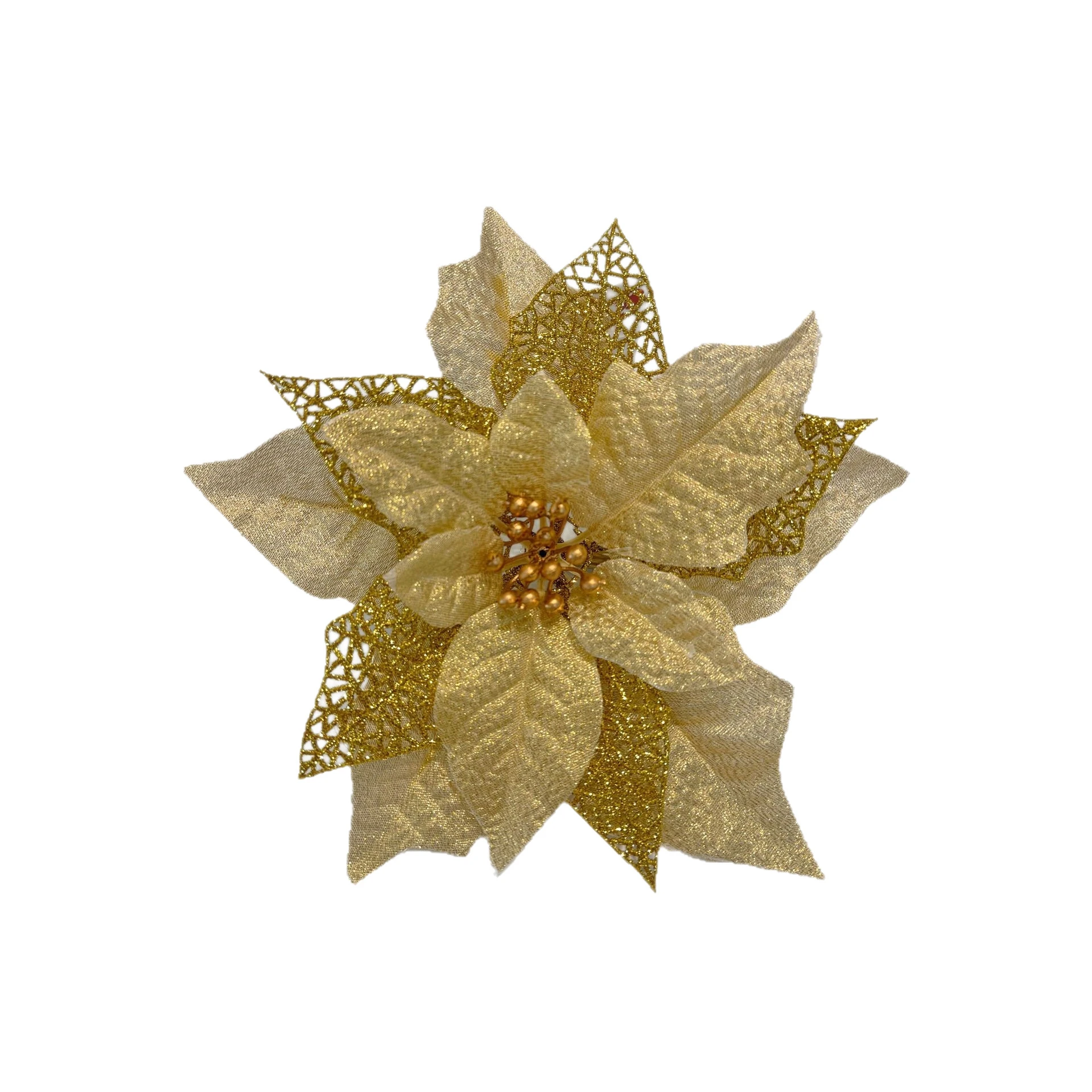 Gold artificial 22 cm Glitter Poinsettia Flower Head, 22 cm
