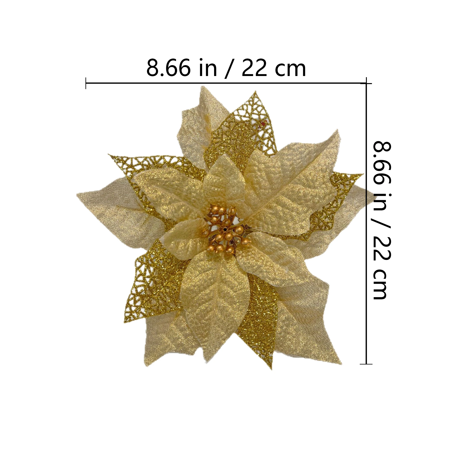 Specification diagram for gold artificial 22 cm Glitter Poinsettia Flower Head