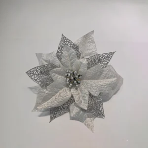 Silver artificial 22 cm Glitter Poinsettia Flower Head, 22 cm