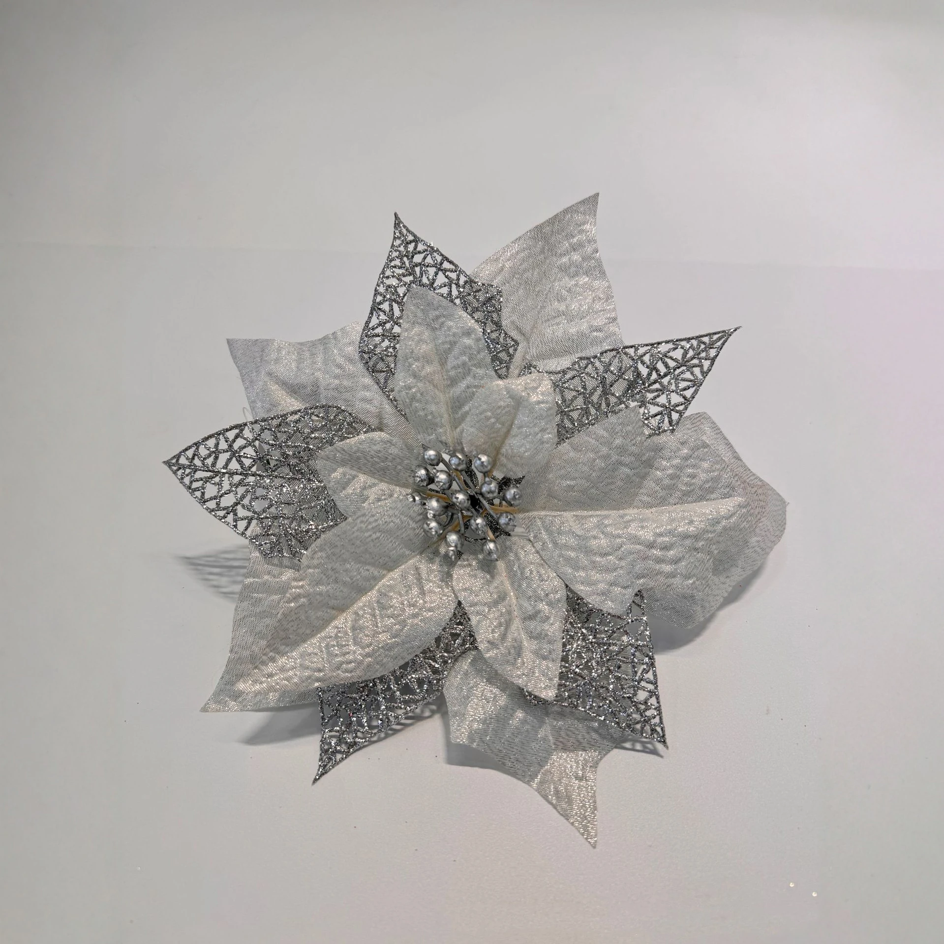 Silver artificial 22 cm Glitter Poinsettia Flower Head, 22 cm