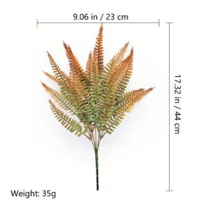 Size diagram for artificial autumn fern leaf bush, 44 cm high, 23 cm wide and 35 g