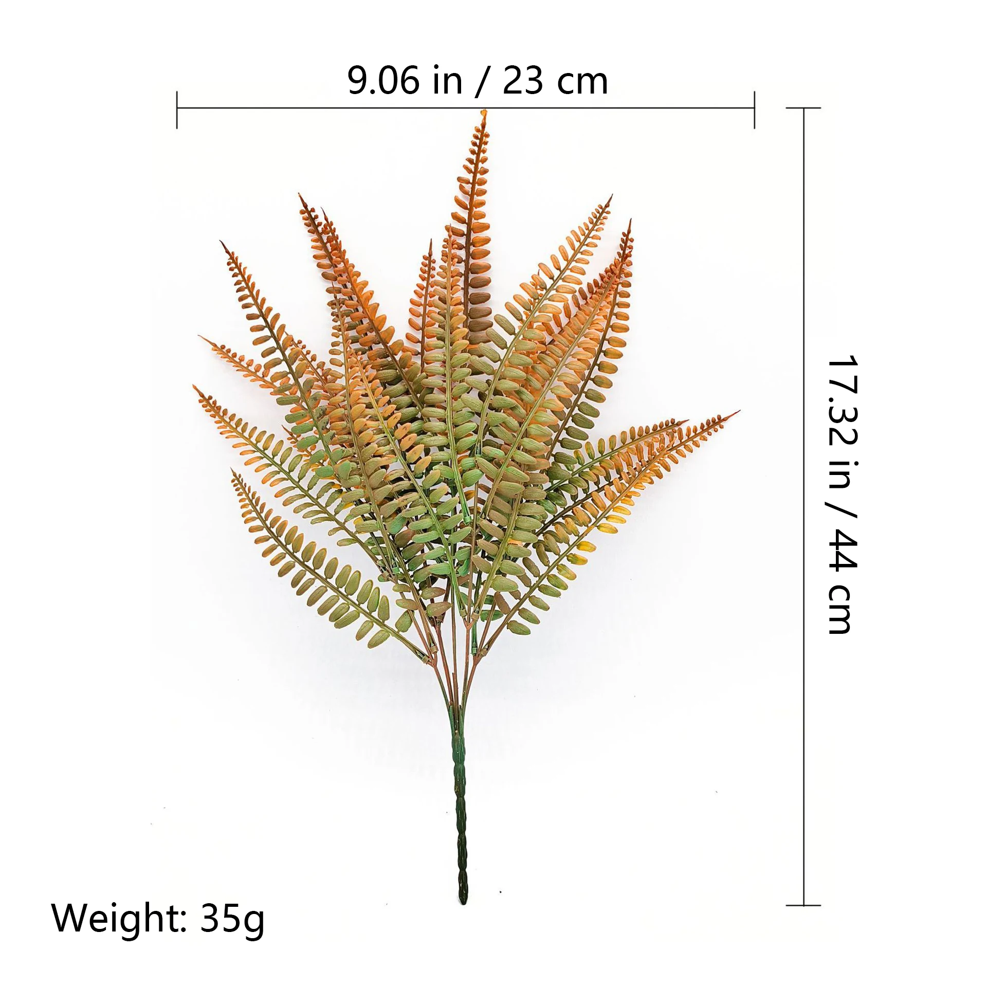 Size diagram for artificial autumn fern leaf bush, 44 cm high, 23 cm wide and 35 g