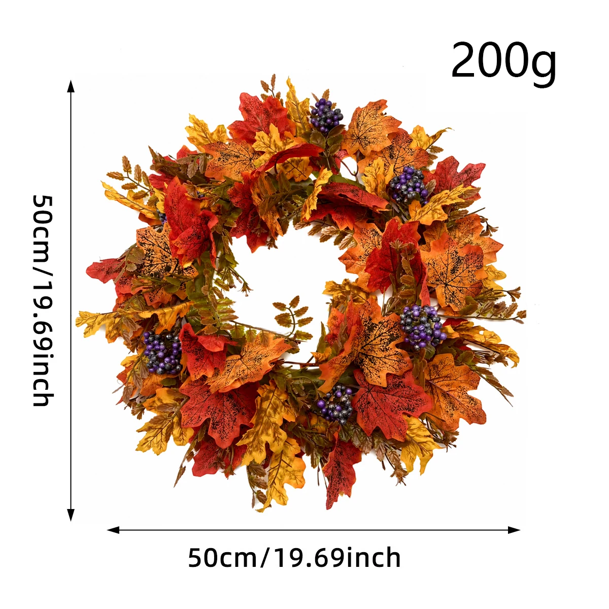 Size diagram for 50 cm artificial autumn maple leaf and berry wreath
