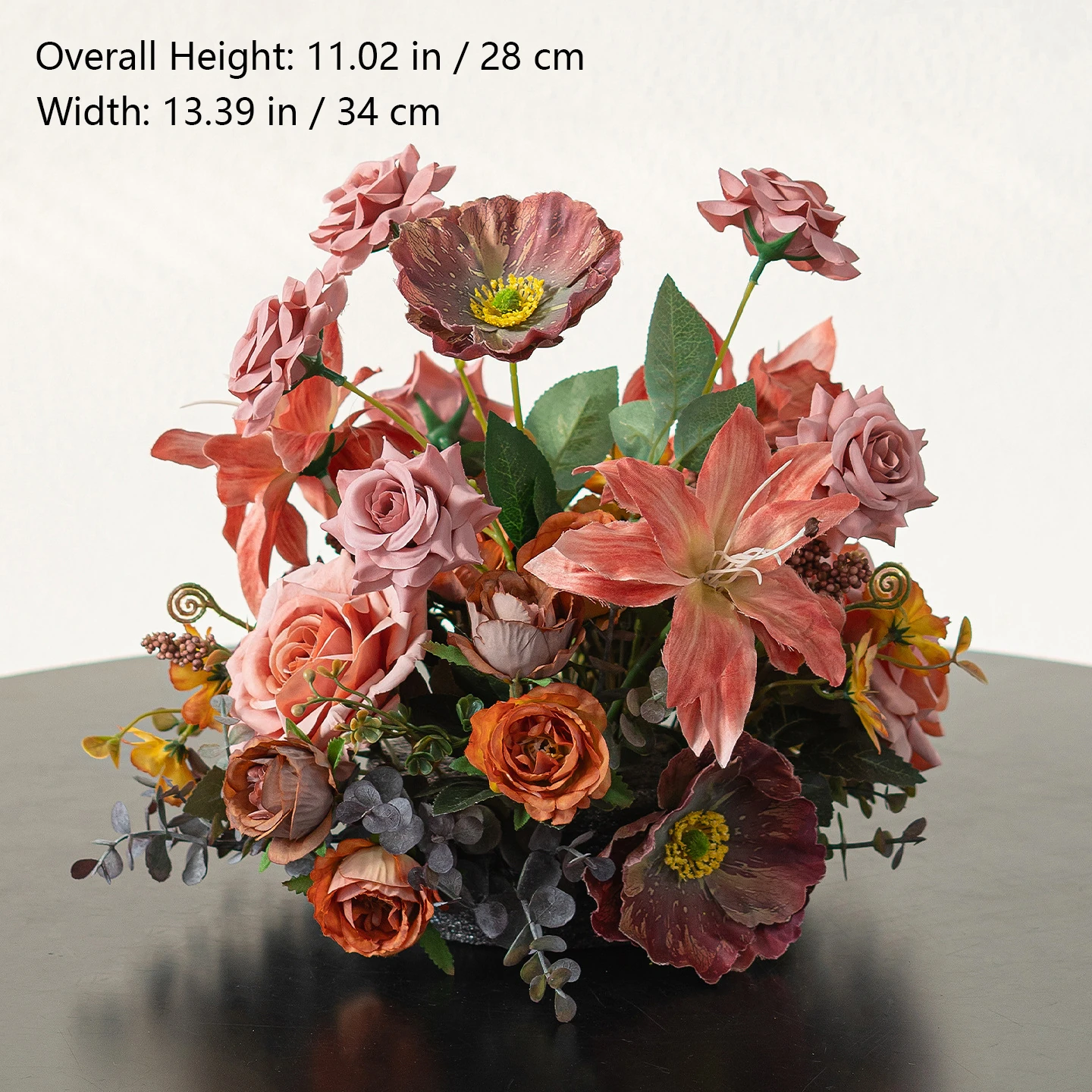 Size diagram for blush lily artificial autumn mixed flower table arrangement collection