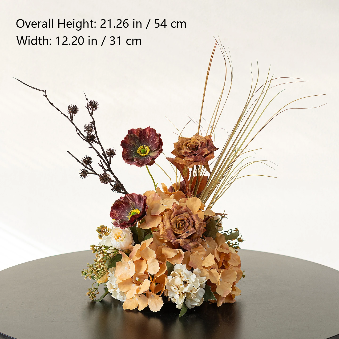 Size diagram for golden hydrangea artificial autumn mixed flower table arrangement collection