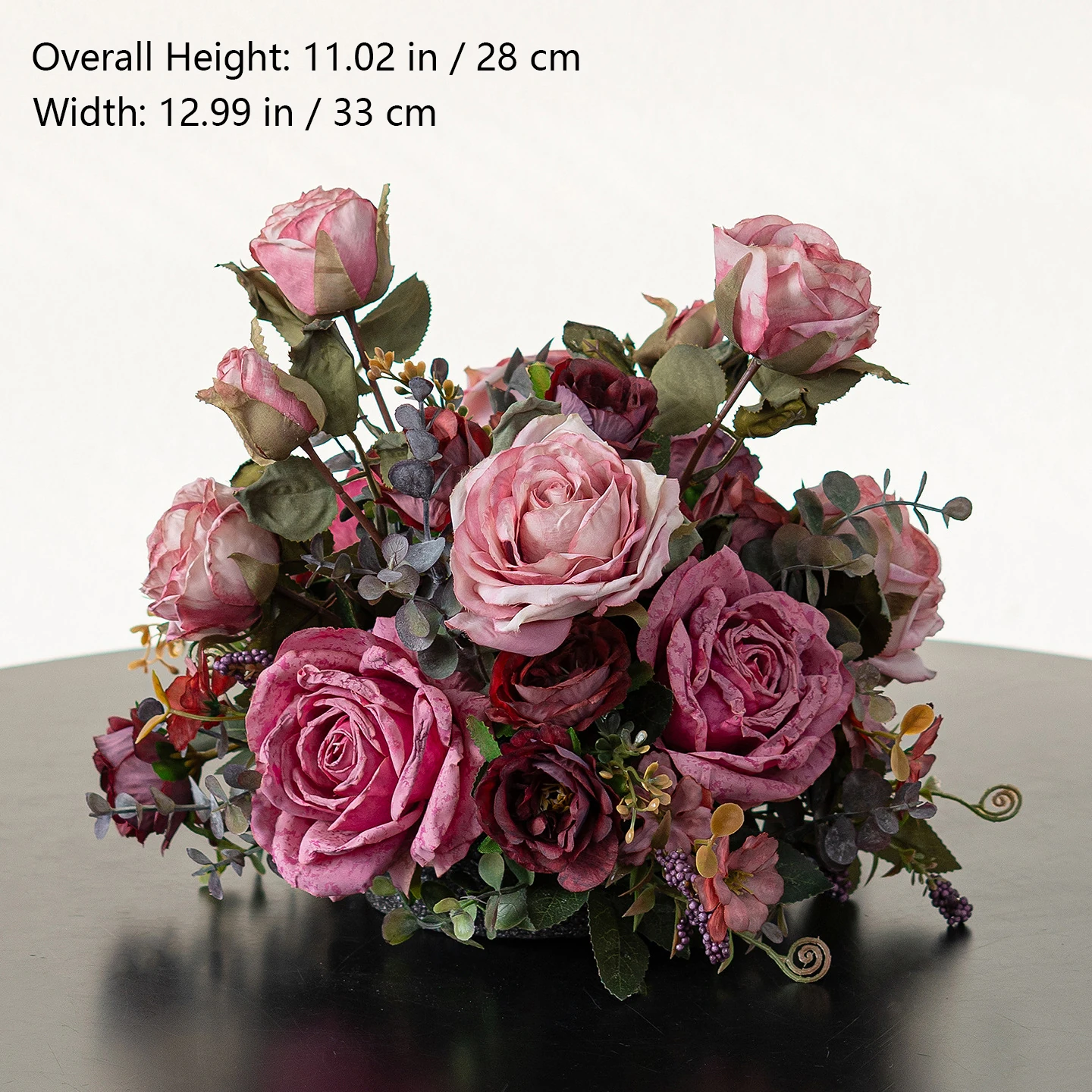 Size diagram for mauve rose artificial autumn mixed flower table arrangement collection