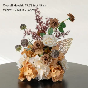 Size diagram for neutral sculptural artificial autumn mixed flower table arrangement collection