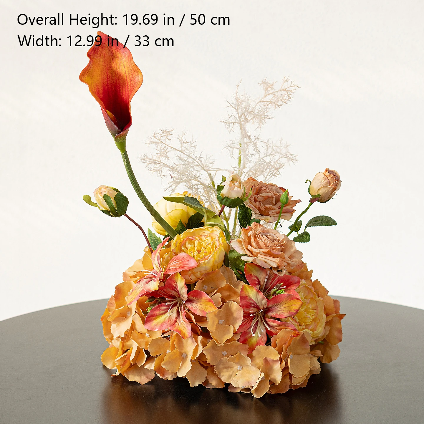 Size diagram for orange calla artificial autumn mixed flower table arrangement collection