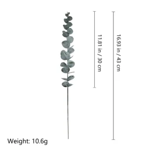 Size diagram for artificial baby silver dollar eucalyptus stem, 43 cm long with a 30 cm foliage section and 10.6 g reference weight
