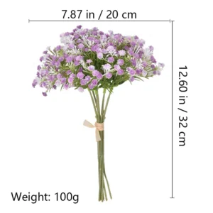 Size and weight diagram for lavender artificial baby's breath bouquet, 32 cm high, 20 cm wide and 100 g