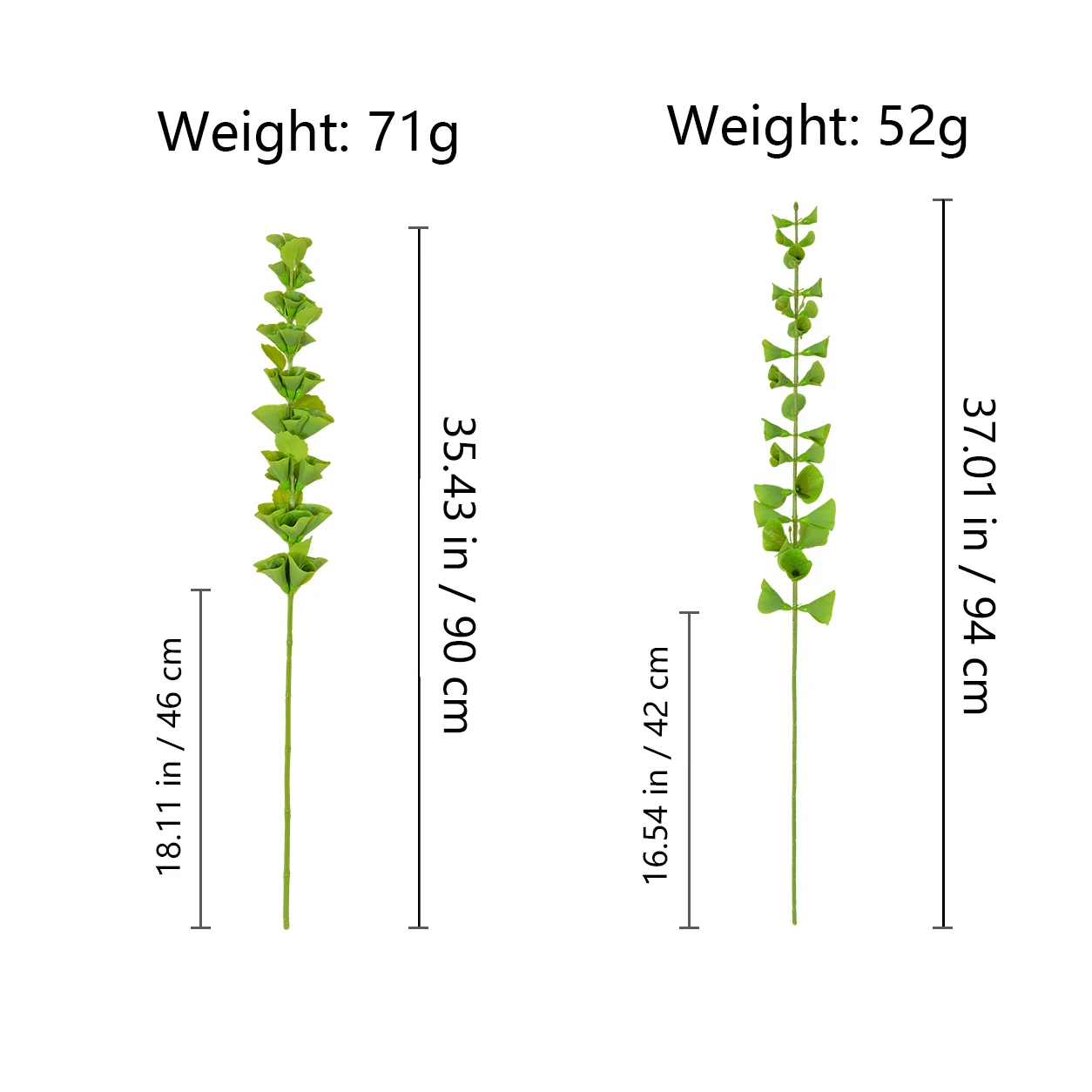 Size diagram for dense bloom artificial bells of ireland stem