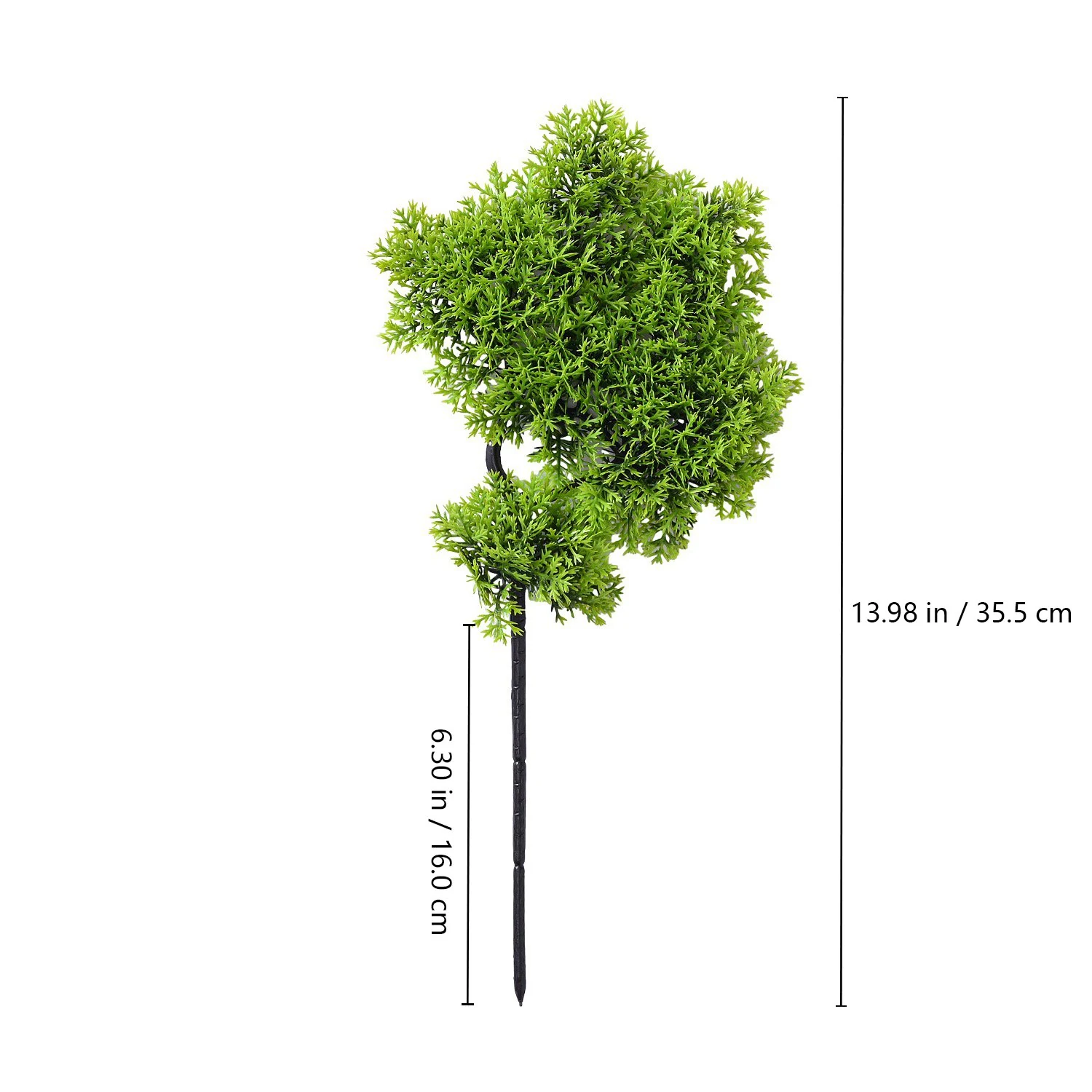 Size diagram showing 35.5 cm total height and 16 cm lower bare stem length of compact-cluster artificial bonsai stem