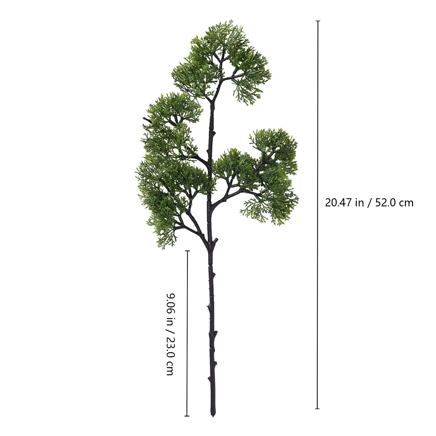 Size diagram showing 52 cm total height and 23 cm lower bare stem length of layered-cloud artificial bonsai stem