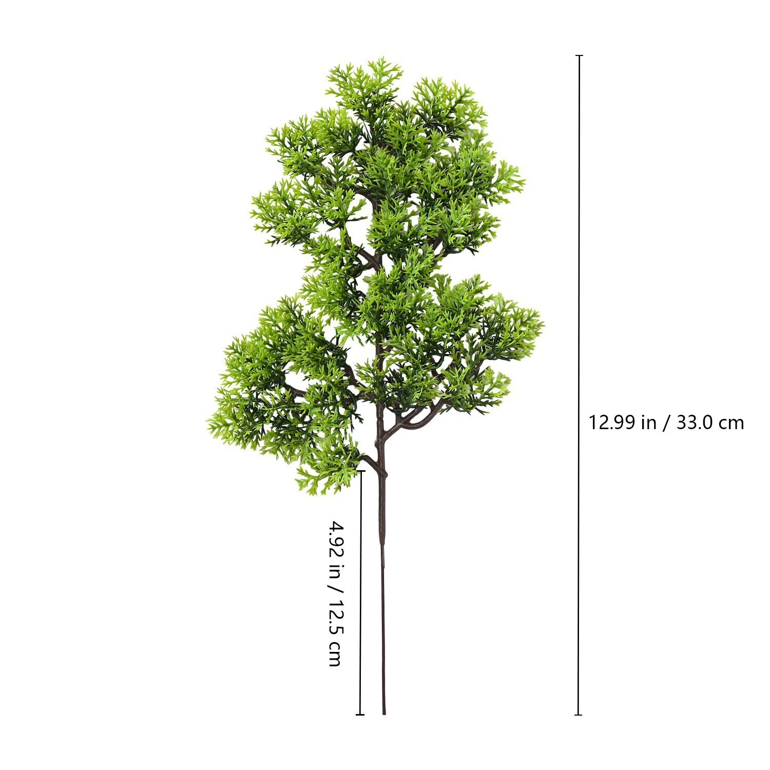 Size diagram showing 33 cm total height and 12.5 cm lower stem length of open-canopy artificial bonsai stem
