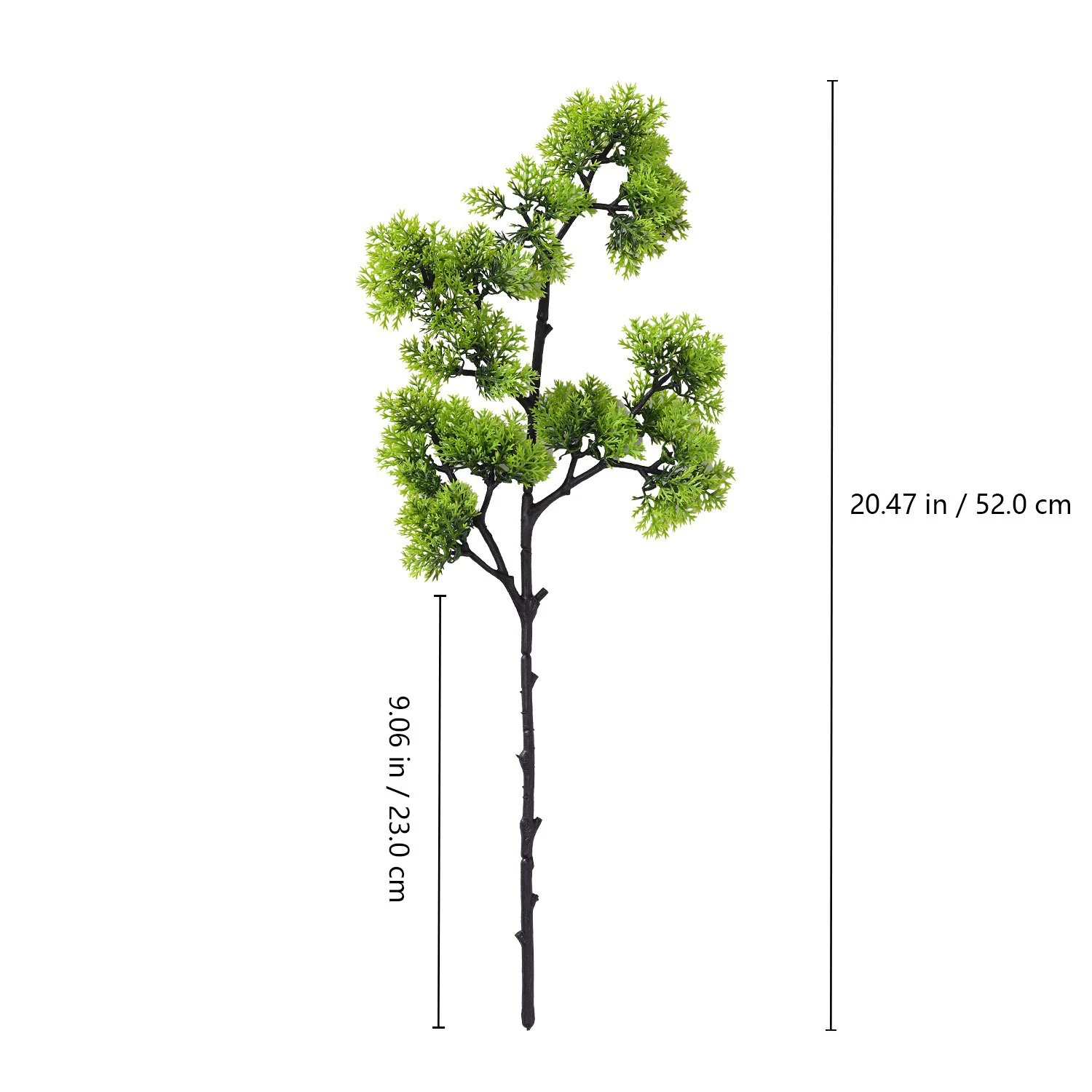 Size diagram showing 52 cm total height and 23 cm lower bare stem length of rounded-cluster artificial bonsai stem