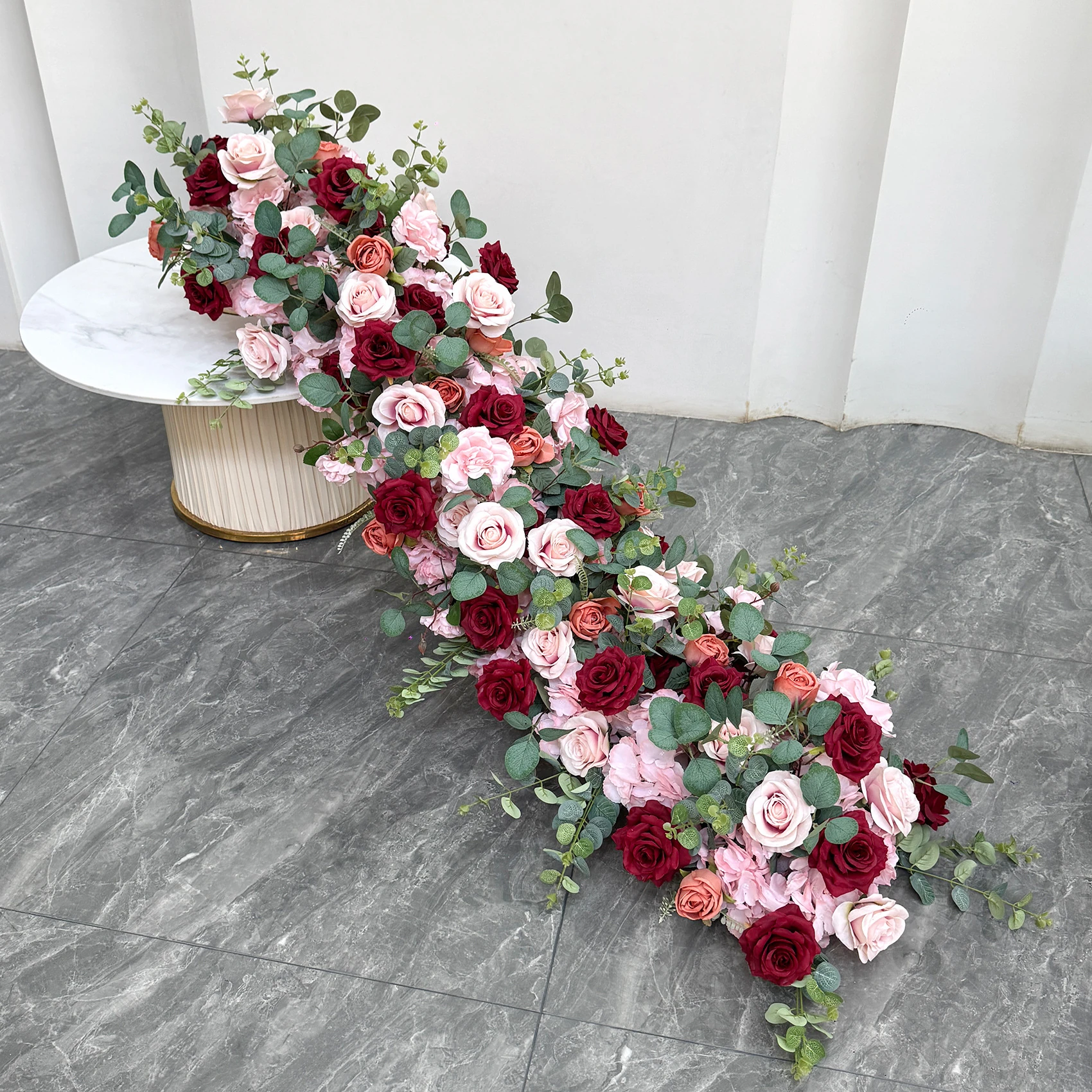 Burgundy Pink artificial cascading wedding table flower arrangement collection