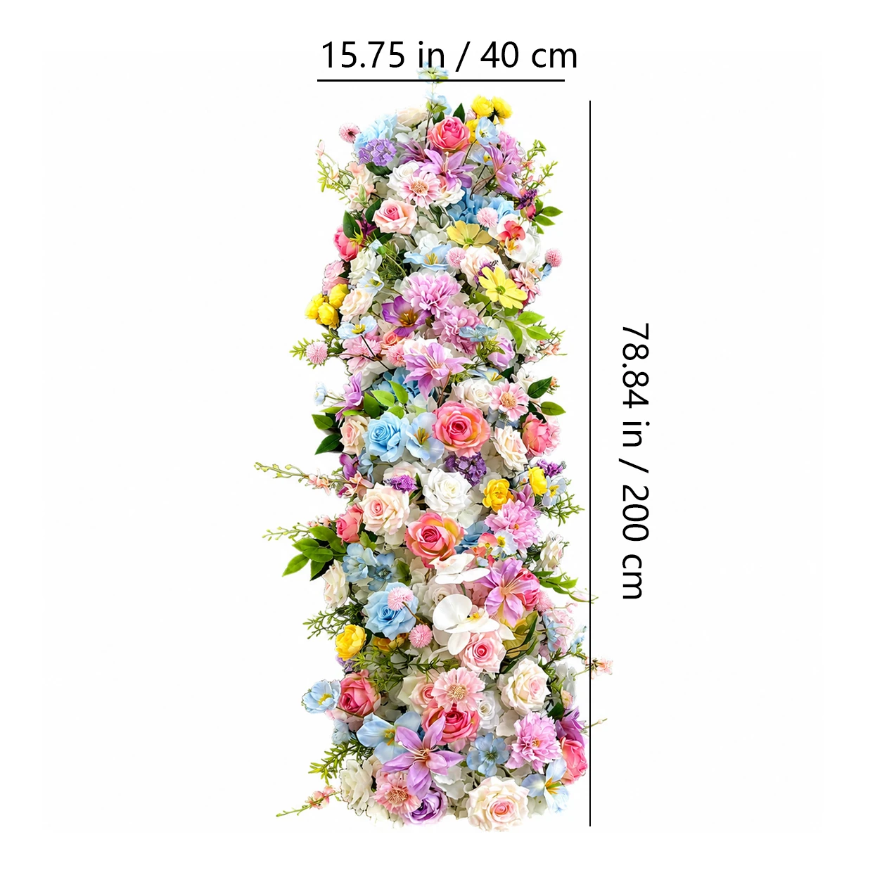 Size diagram for pastel garden artificial cascading wedding table flower arrangement collection, 200 cm