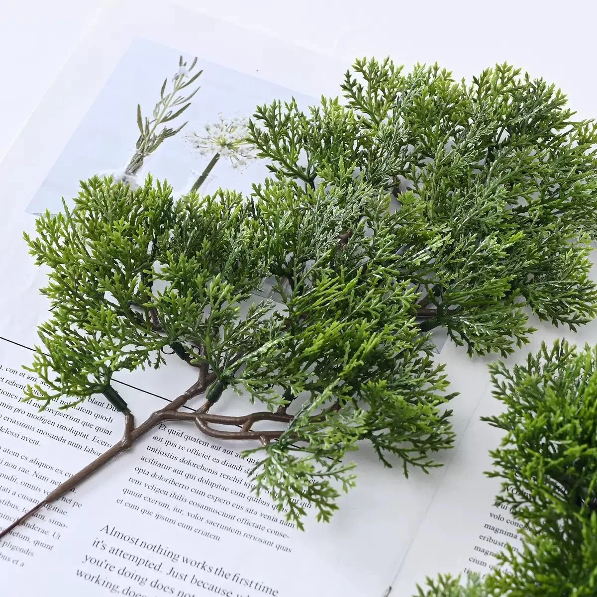 Close-up of artificial cedar spray foliage
