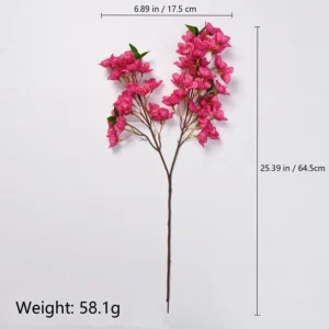 Dark pink artificial cherry blossom branch size diagram showing 64.5 cm height, 17.5 cm spread and 58.1 g reference weight