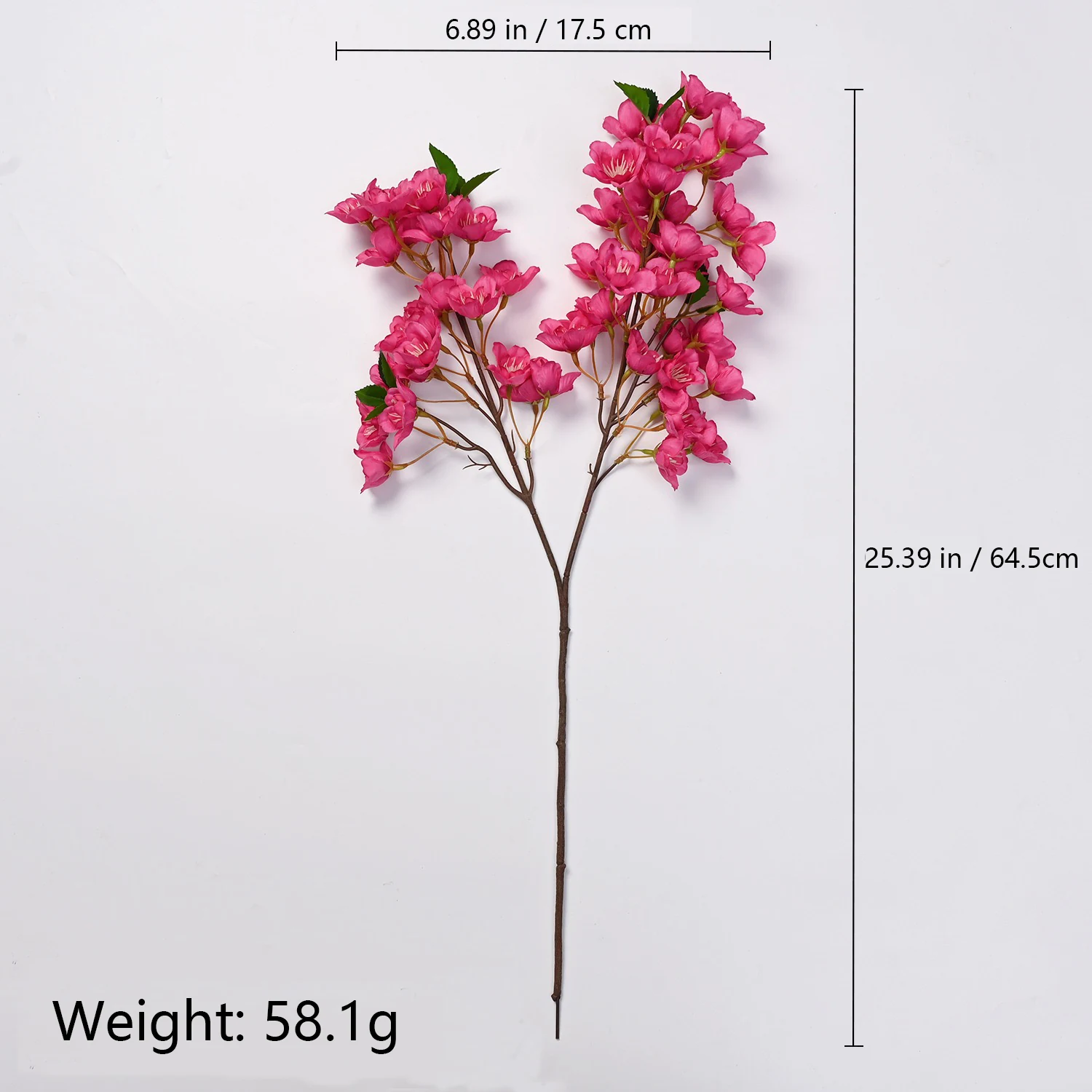 Dark pink artificial cherry blossom branch size diagram showing 64.5 cm height, 17.5 cm spread and 58.1 g reference weight
