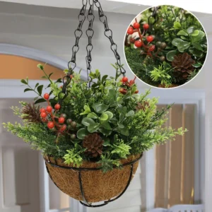 Artificial Christmas Pine Berry Hanging Basket displayed for decorative use