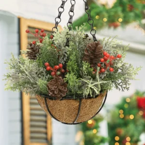 Artificial Christmas Pine Berry Hanging Basket displayed for window