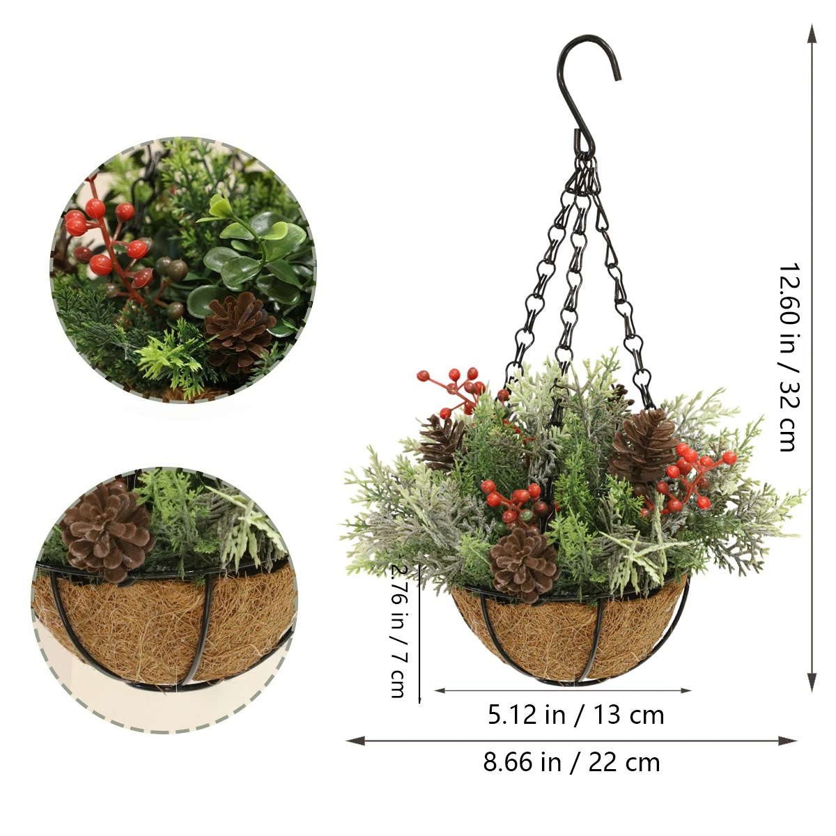 Size diagram for frosted pine berry artificial christmas pine berry hanging basket