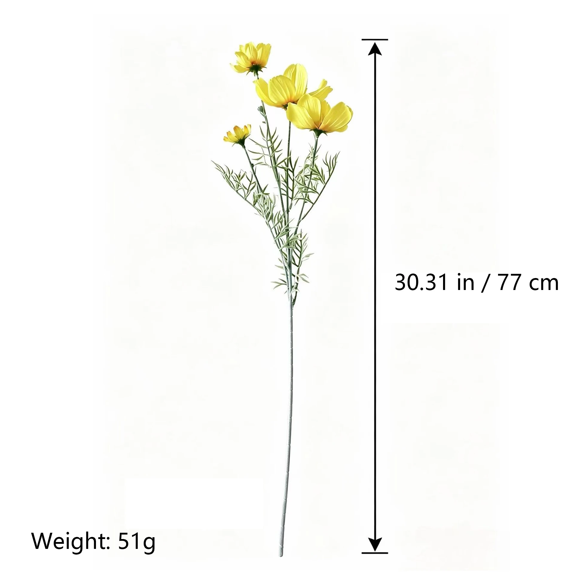 Size diagram for yellow artificial cosmos flower spray