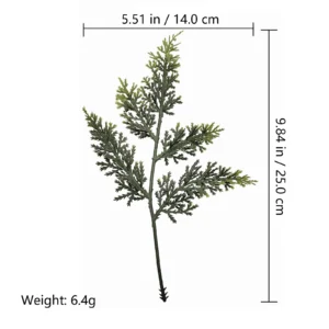 Size and weight diagram for 25 cm artificial cypress branch with 14 cm width and 6.4 g weight