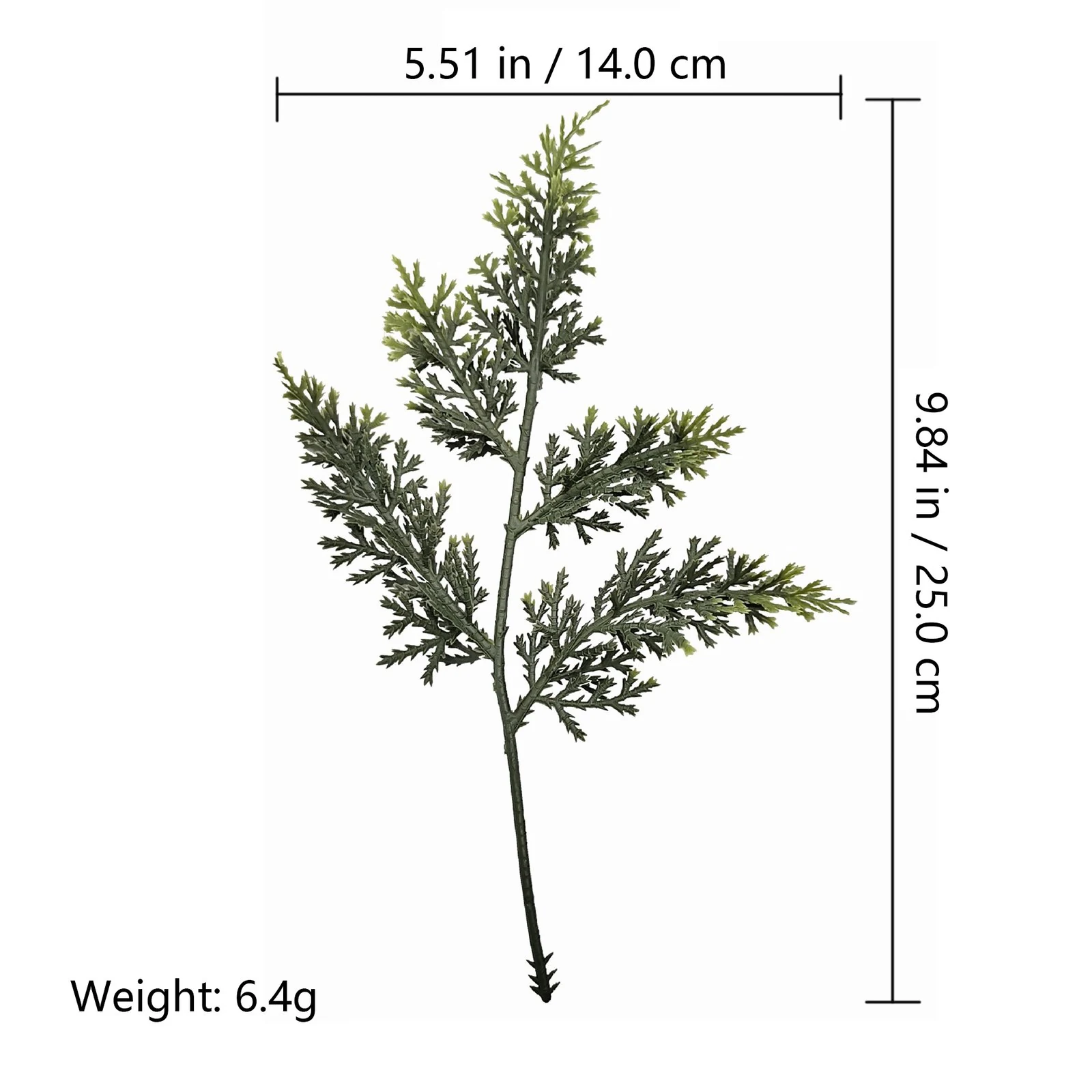 Size and weight diagram for 25 cm artificial cypress branch with 14 cm width and 6.4 g weight
