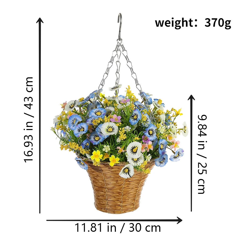 Size diagram for blue white artificial daisy cone hanging basket