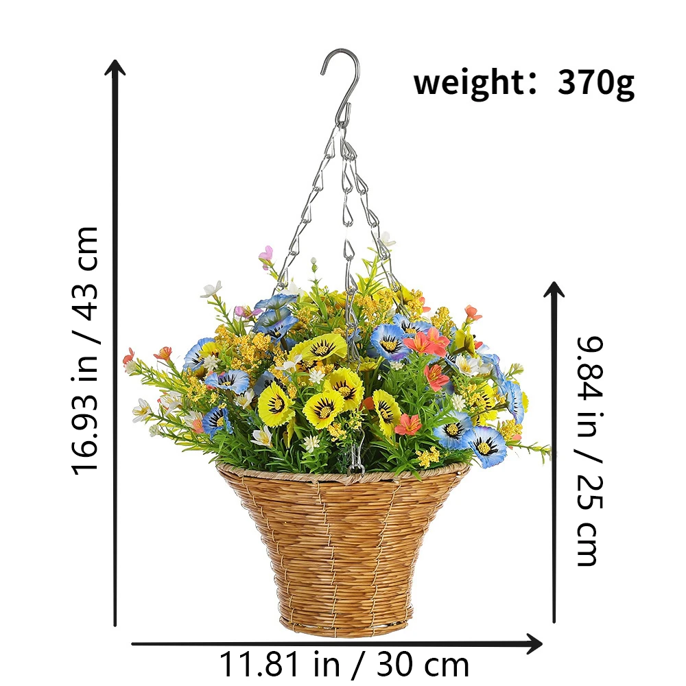 Size diagram for blue yellow artificial daisy cone hanging basket