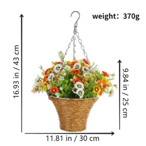 Size diagram for orange white artificial daisy cone hanging basket