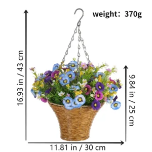 Size diagram for purple blue artificial daisy cone hanging basket