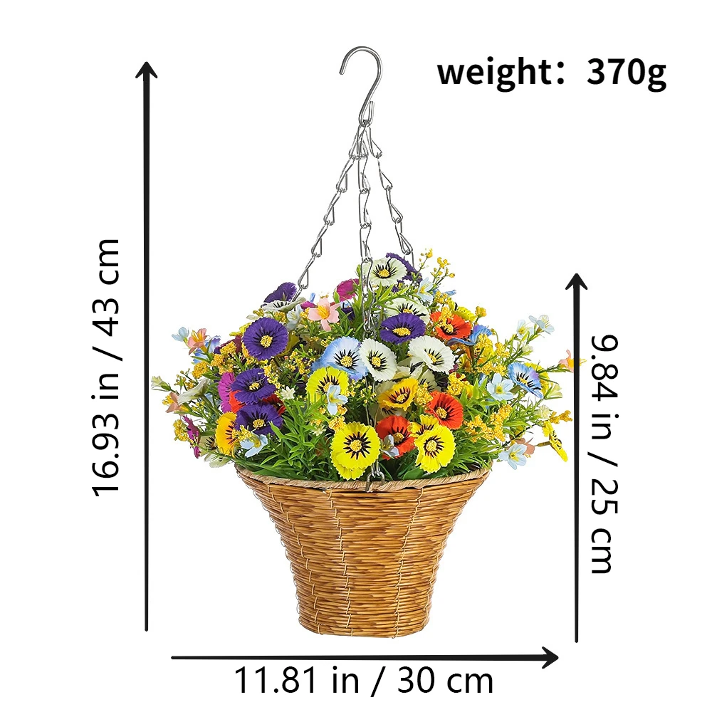 Size diagram for purple multicolor artificial daisy cone hanging basket