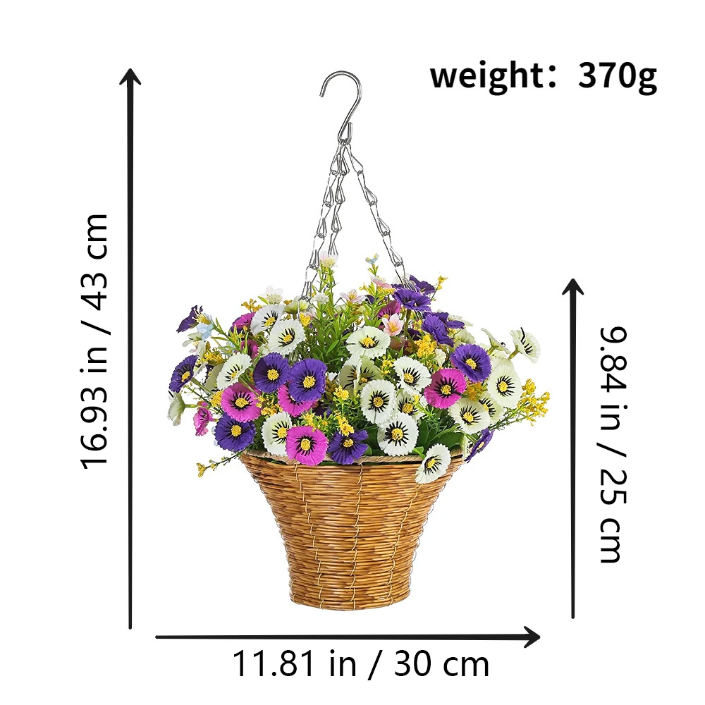 Size diagram for purple white artificial daisy cone hanging basket