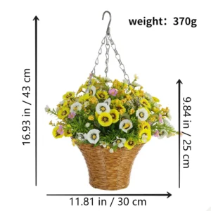 Size diagram for yellow white artificial daisy cone hanging basket