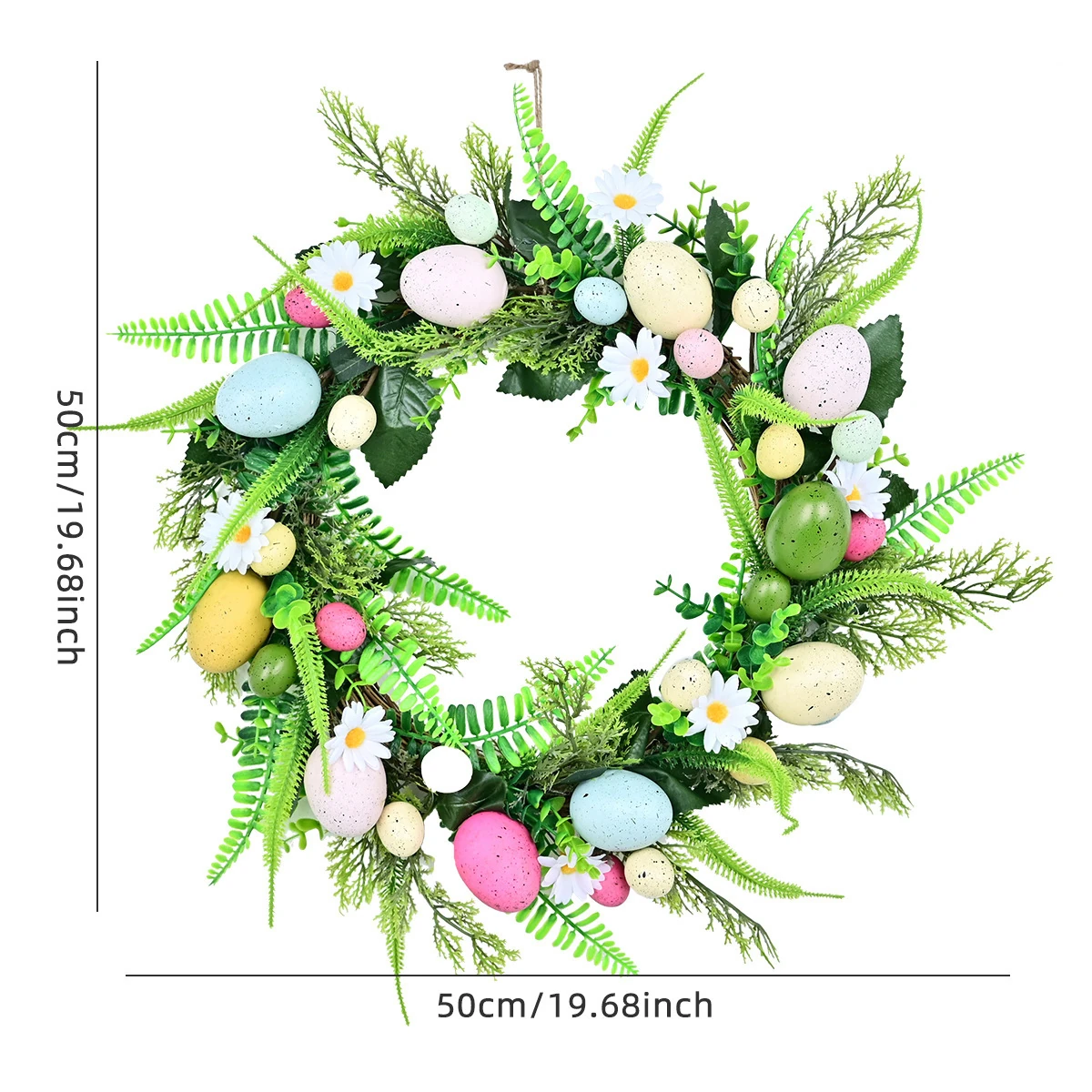Size diagram for artificial daisy fern easter egg wreath, 50 cm