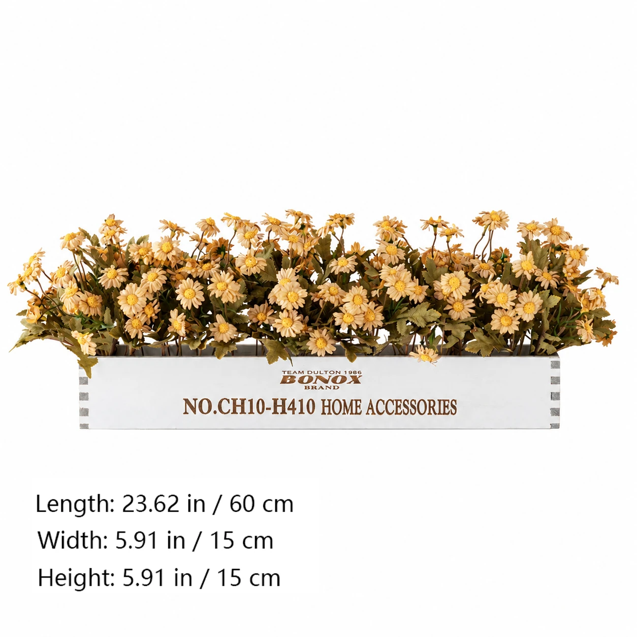 Size diagram for artificial daisy flower box centerpiece, 60 cm