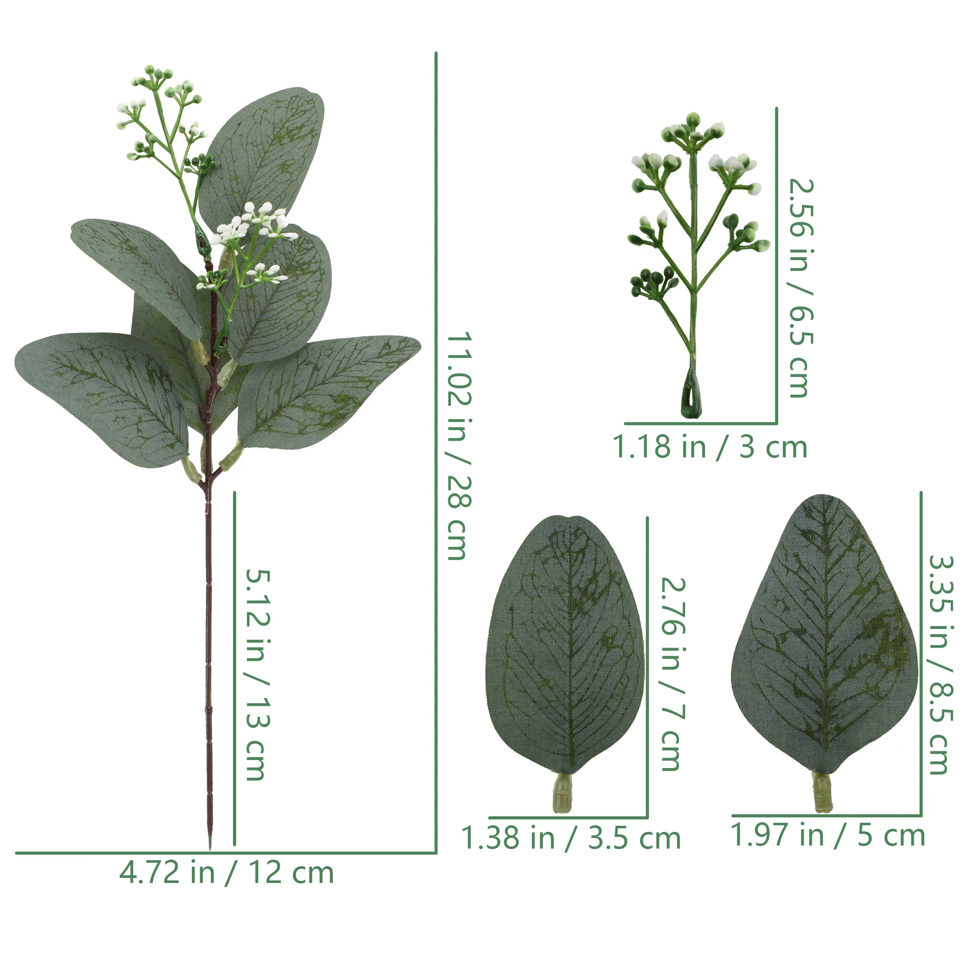 Size diagram for seeded leaf artificial decorative foliage branch collection