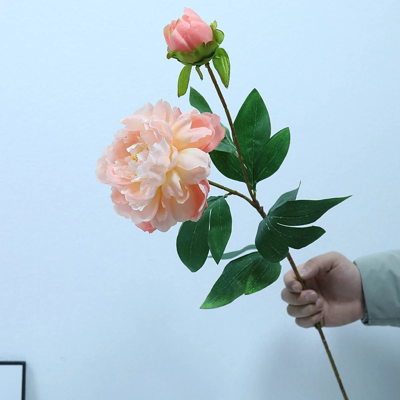 Peach artificial double-head peony stem