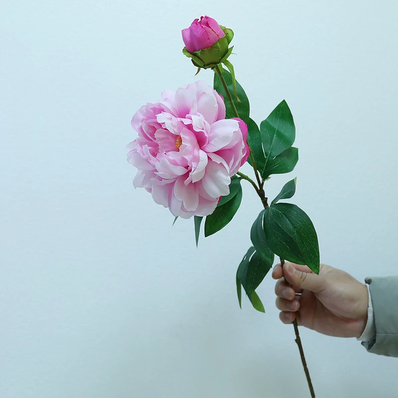 Pink artificial double-head peony stem