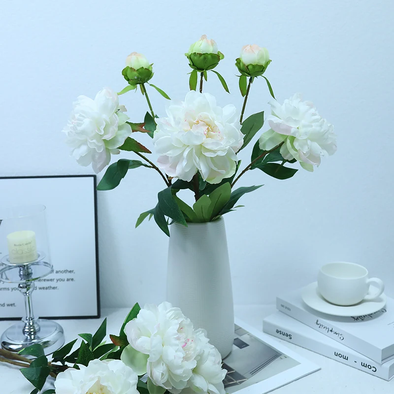 Artificial Double-Head Peony Stem shown in white vase application