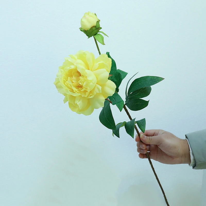 Yellow artificial double-head peony stem